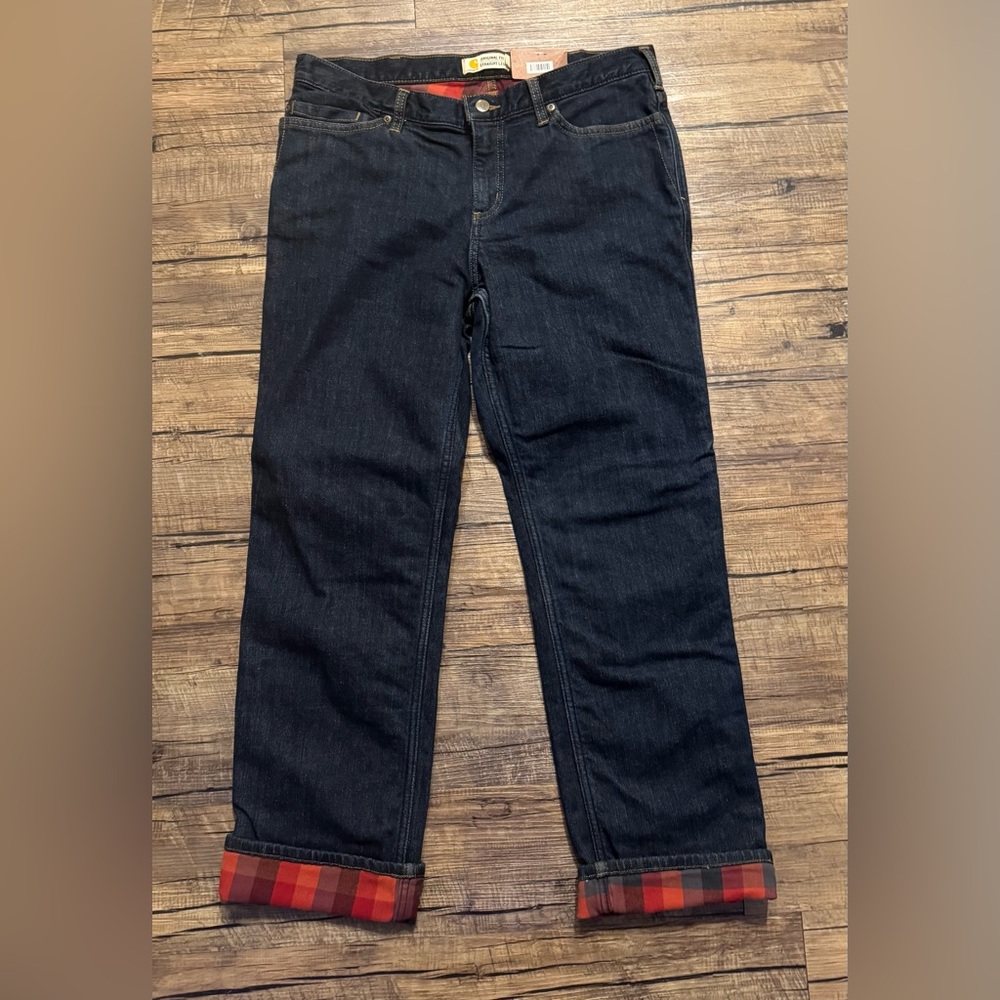 Carhartt Dark Blue Jeans with Red Plaid Accents